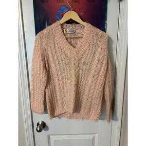 Mohair Sweater V-Neck Cable Knit Fuzzy Soft Blush Pink Pullover Handmade Italy